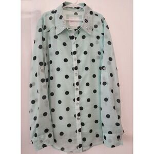 Justice Girls Sz 18 Mint Green Black Polka Dots‎ Button Up Blouse W/...
